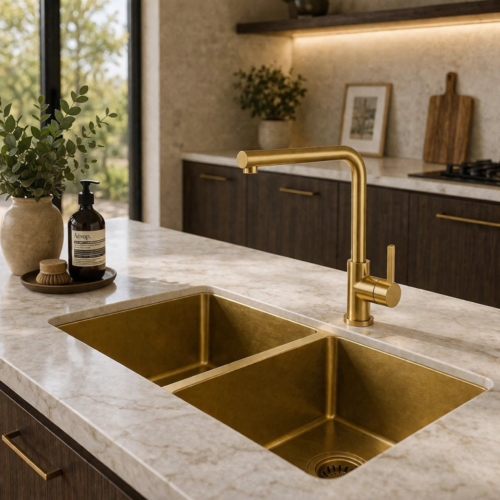 Rubinetto Cucina Oro Satinato Canna Alta Quadrata Girevole Miscelatore Lavello 94029