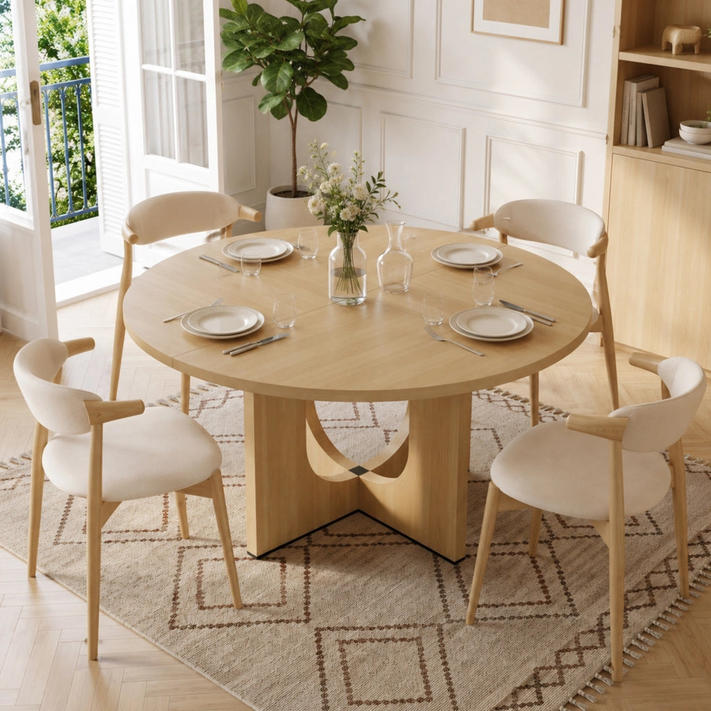 Tavolo da pranzo rotondo 120 cm per 4-6 persone; design scandinavo in MDF; rovere