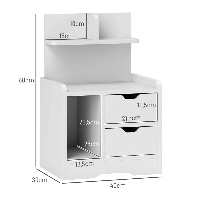 Comodino con 2 cassetti e ripiano aperto, in legno, per camera da letto e soggiorno, bianco, 40 × 30 × 60 cm