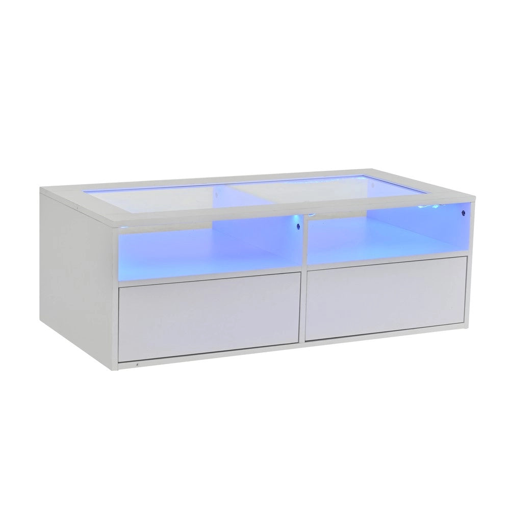 Tavolino da Caff¨¨ con LED e 2 Cassetti ¨C MINIMAL ¨C Vetro Bianco, Doppio Piano, 100x50x35
