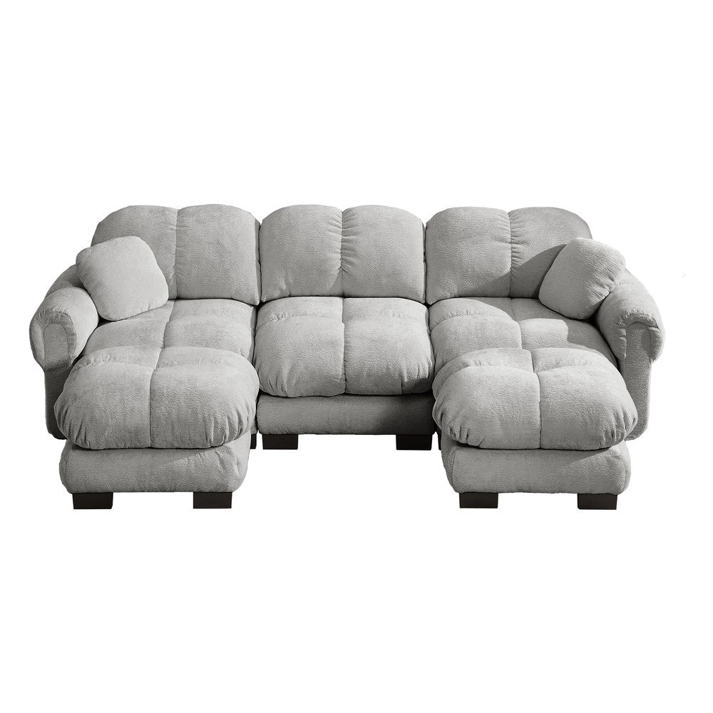 Divano 3 posti con poggiapiedi e cuscini ¨C Minimal ¨C grigio chiaro velluto trapuntato imbottito