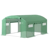 Tunnel di Coltivazione 4x3x2 m con 6 Finestre 3 Porte Avvolgibili Copertura in PE e Struttura in Acciaio Zincato Verde