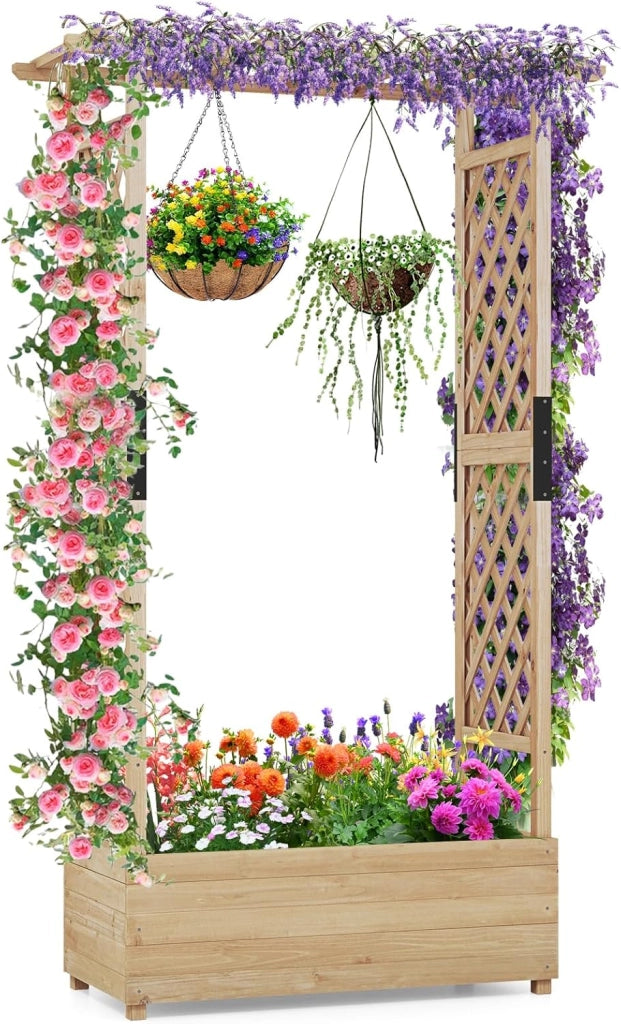 Fioriera Rialzata con Grigliato, Aiuola Rialzata con Traliccio per Piante Rampicanti e Fori di Drenaggio, Orto Elevato da Giardino, Terrazzo e Cortile (Arancione, 200 x 44 x 114 cm)