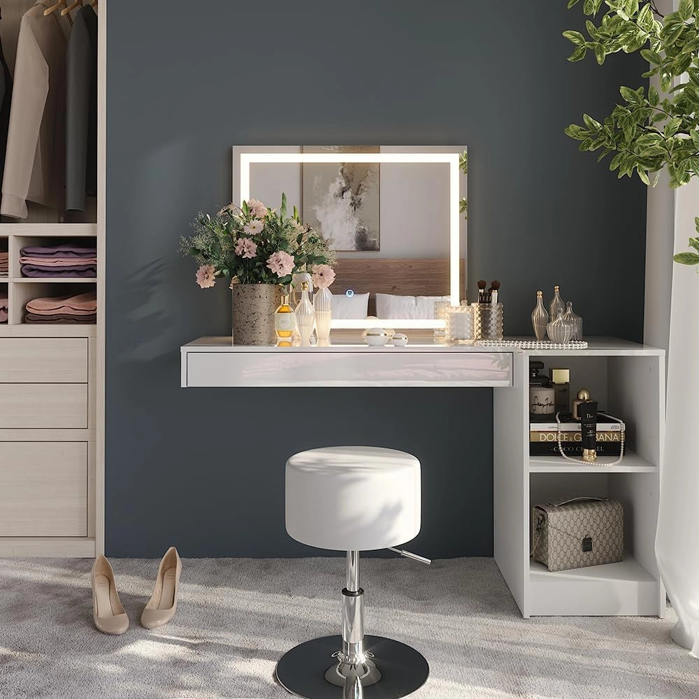 Tavolo da toeletta Sherry, Bianco, 100 cm 4 parti, con illuminazione LED e seduta imbottita per il montaggio