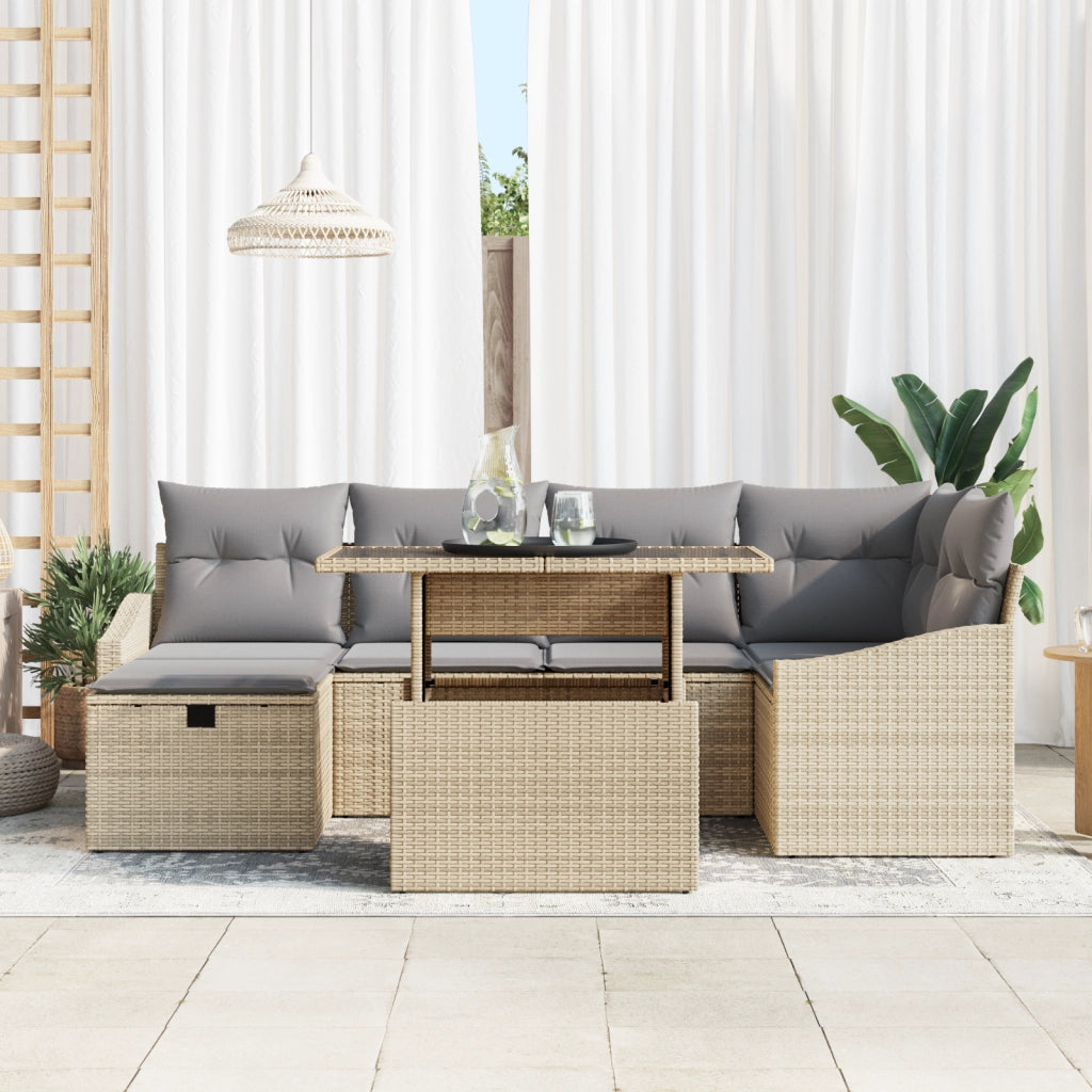 Set di Divano da Giardino a 7 pezzi con Cuscini Beige Polyrattan