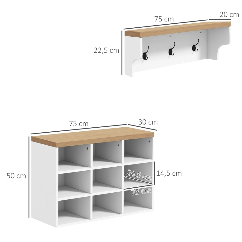 Mobile ingresso 2-in-1 appendiabiti muro panca scarpe ¨C zephmum ¨C bianco rovere 75x30x50 cm