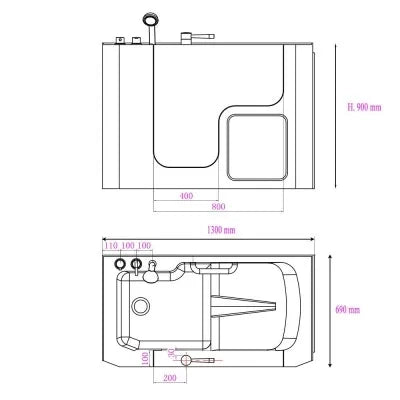 Vasca da bagno per anziani 130x90 porta con apertura esterna a sinistra