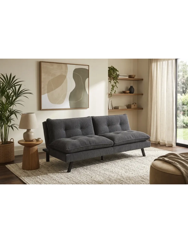 Divano letto AZENA 3 posti in tessuto a coste – Grigio scuro e nero – 190 x 80 x 90 cm