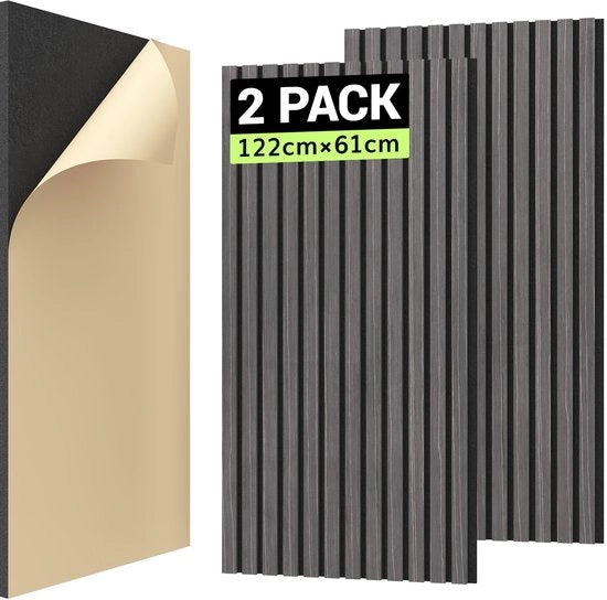 Pannelli Acustici Autoadesivi in Legno 1.488m² - 2 pezzi da 122 x 61 x 2,1 cm, pannelli in legno, pannelli per parete, pannelli acustici, isolamento acustico, rivestimento moderno per parete, nero (con nervatura)