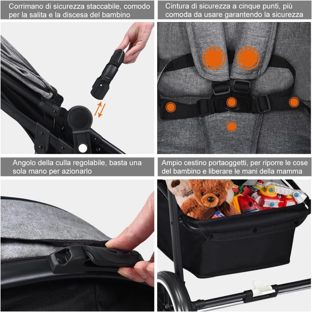 2 in 1 Passeggino per Bambini, Passeggino Pieghevole con Sedile Reversibile, Schienale Regolabile, Passeggino Leggero con Cintura di Sicurezza, Copertura, per Bambini 0-3 Anni (Grigio)