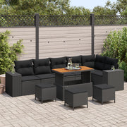 Set Divano da Giardino 10 Pezzi con Cuscini Rattan Polyrattan Nero Acacia