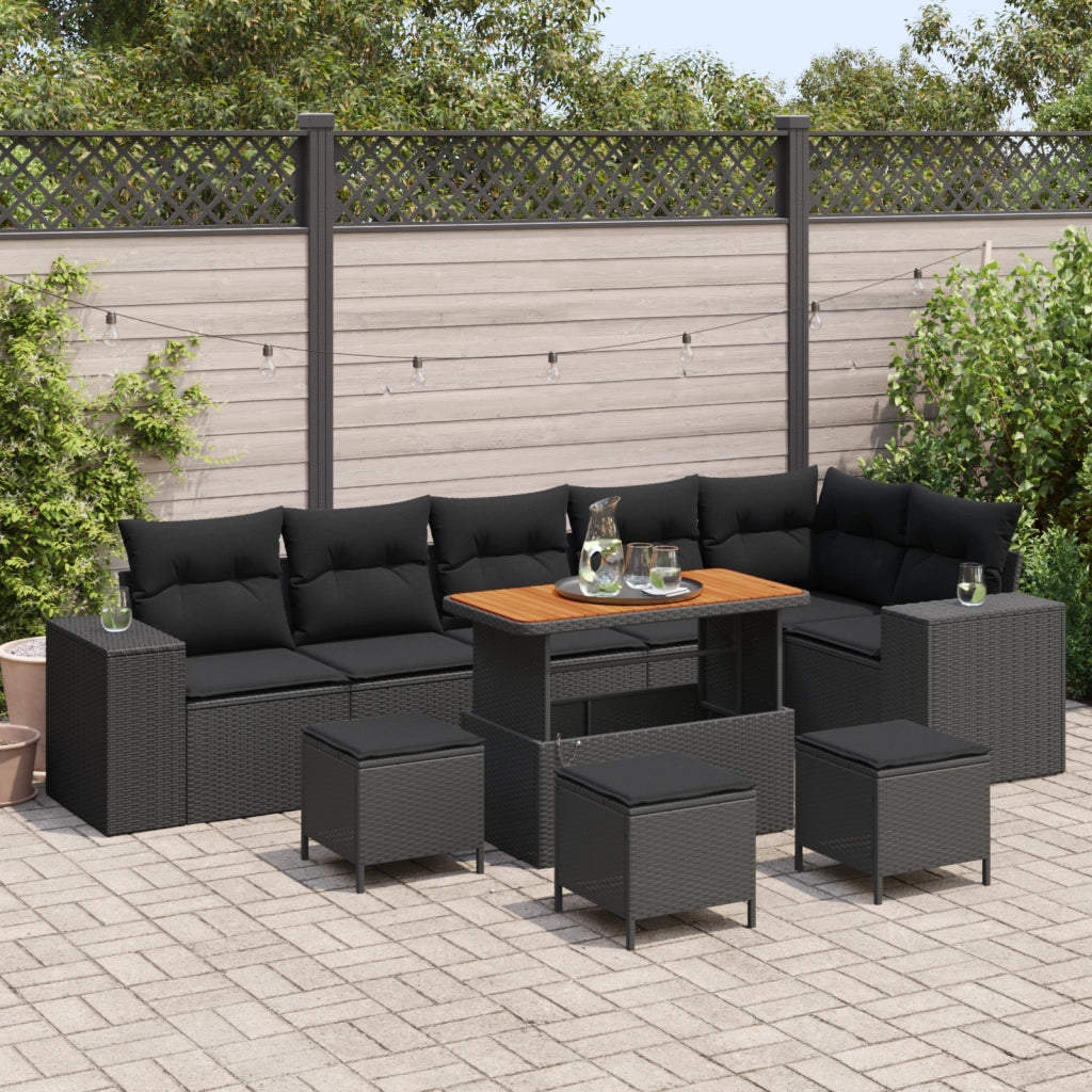Set Divano da Giardino 10 Pezzi con Cuscini Rattan Polyrattan Nero Acacia