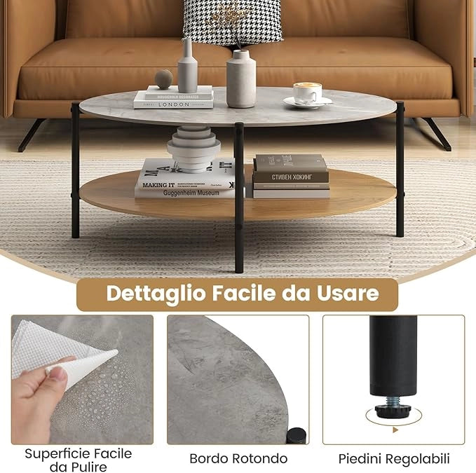 Tavolino da Caffè Ovale a 2 Livelli con Piano in Pietra, Tavolo da Caffè con Struttura in Metallo e Ripiano Aperto, Tavolino per Soggiorno o Sala d'Attesa