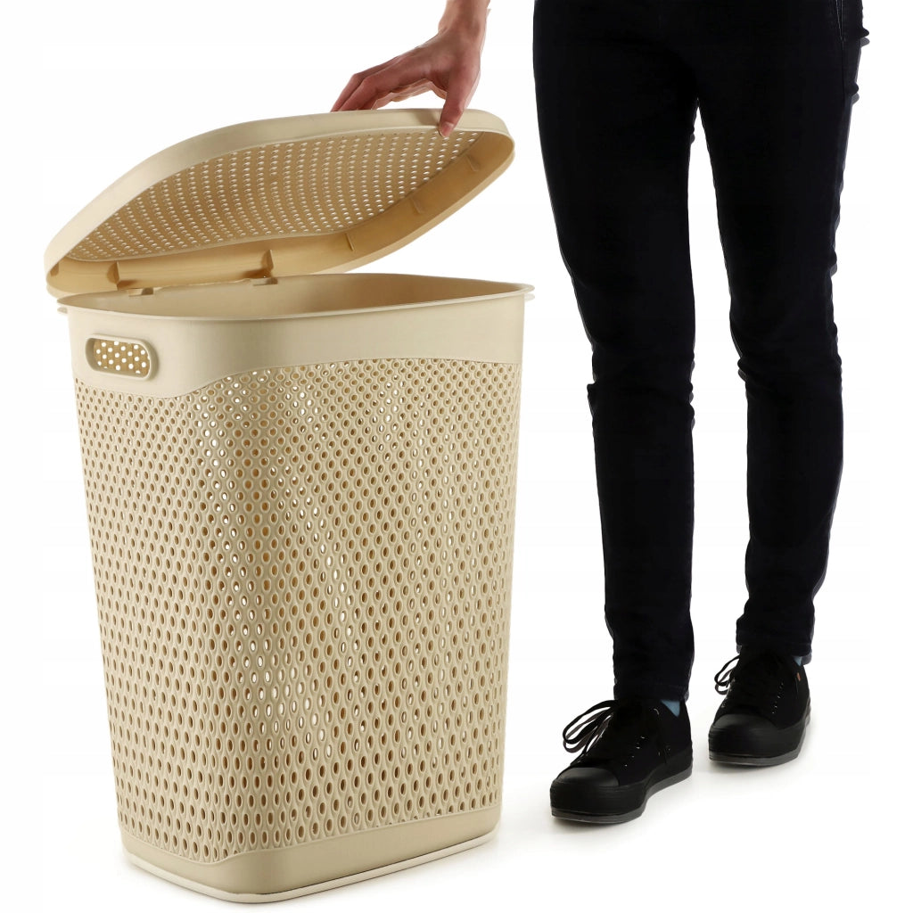 Cesto portabiancheria KADAX con coperchio, contenitore in plastica, 55 litri, beige