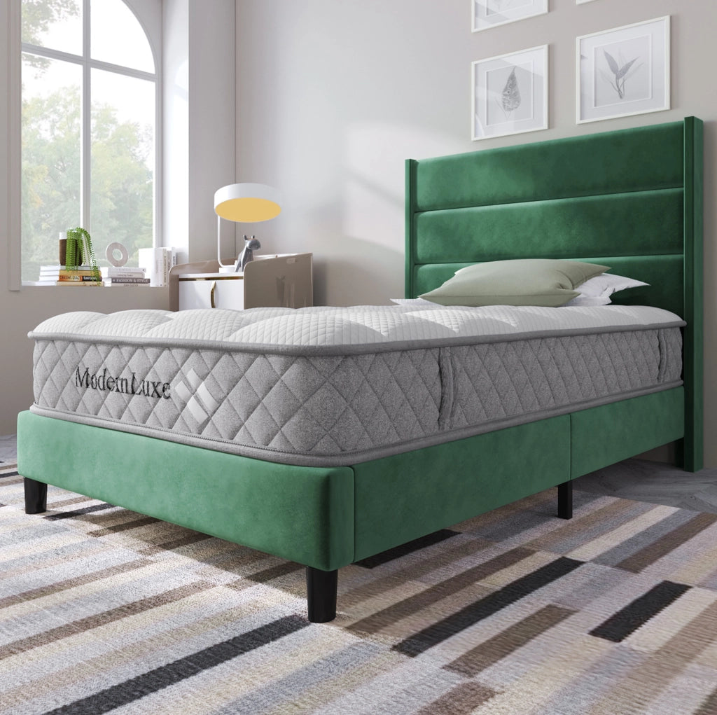 Letto imbottito 90x200 cm in velluto verde con materasso H3