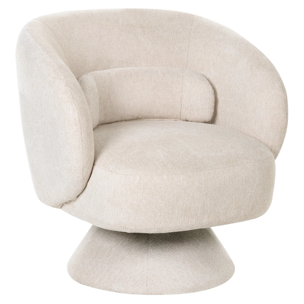 Poltrona girevole con seduta in ciniglia beige chiaro senza braccioli con cuscino, gambe in metallo in stile retrò