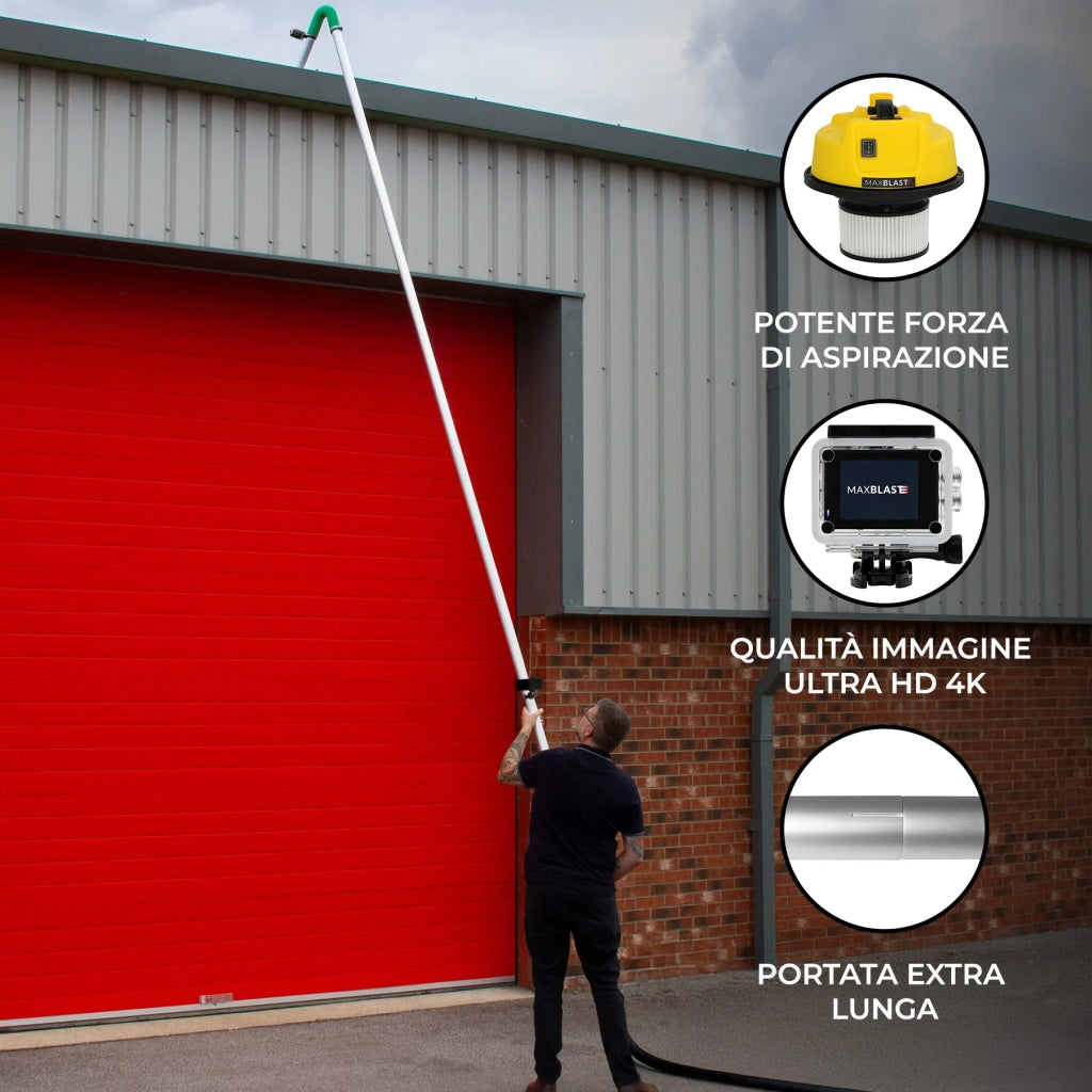 Kit aste 7,2m + aspiratore 30L + telecamera 4K per pulizia grondaie