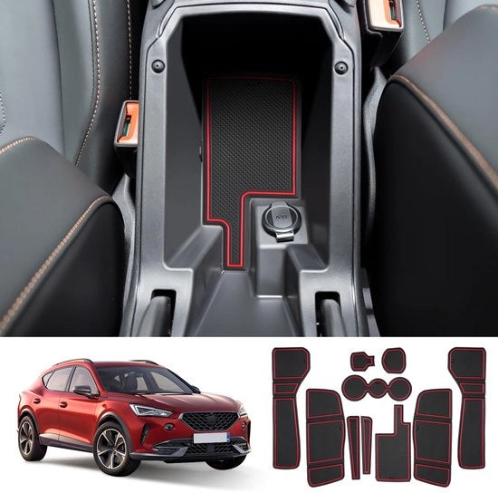 Materassini antislip per console compatibili con Cupra Formentor 2021-2024 (trasmissione automatica elettronica), mattoncini in gomma per console centrale, mattoncini per porte, mattoncini per tazza, materassini antislip per Formentor (rosso)