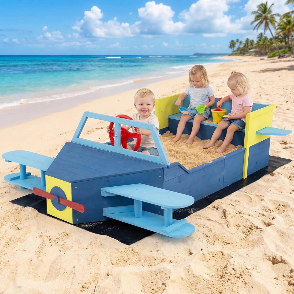 COSYWAY Sabbiera per Bambini in Legno, Gioco da Spiaggia a Forma di Aliante con Panca, Elica, Timone e Alette, Sabbiera da Esterno con Fodera Inferiore per Spiaggia e Cortile, 18 Mesi+, 180x100x50 cm