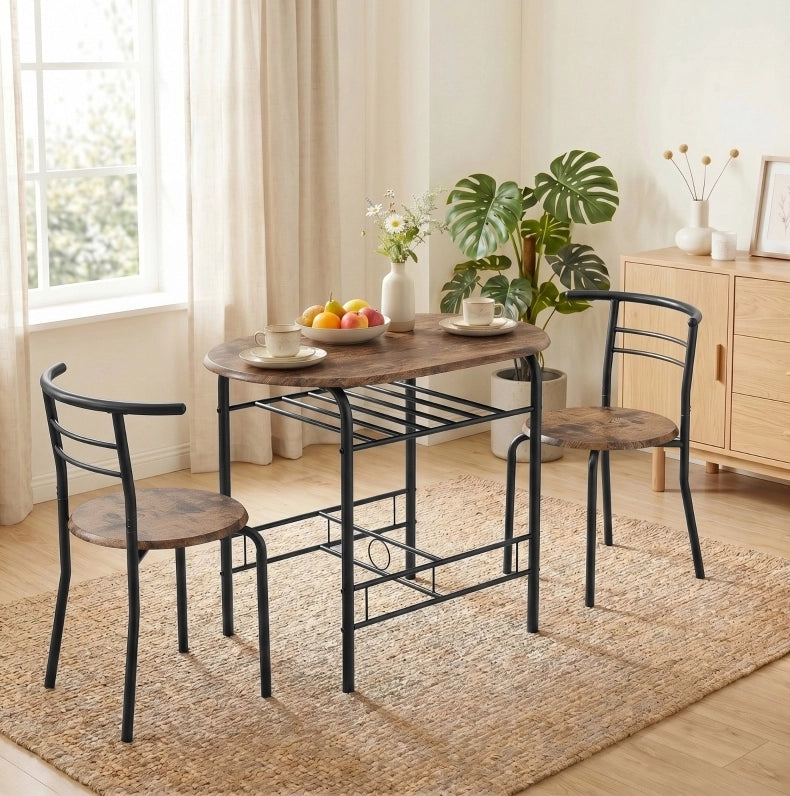 Set tavolo da pranzo 3 pezzi per 2 persone con ripiano; 80x52x76 cm; marrone rustico