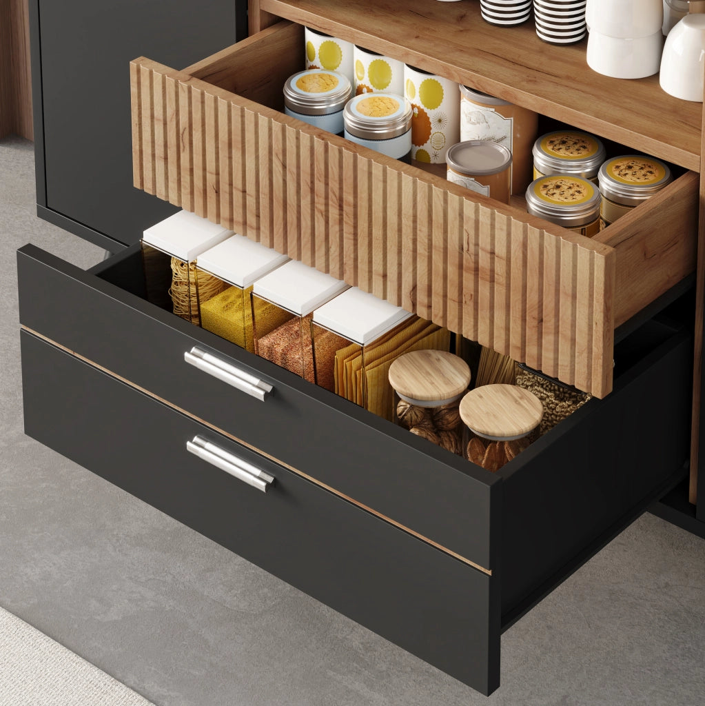Credenza 130x38x85 cm in MDF naturale e nero con 4 cassetti e LED RGB