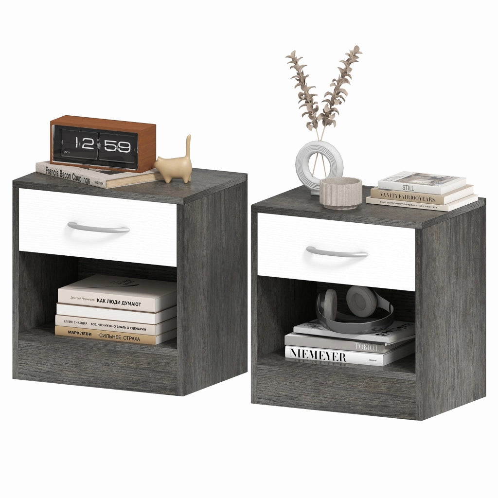 Set 2 Comodini Moderni con Ripiano Aperto e Cassetto, in Legno, 39x28x41 cm, Bianco e Grigio Scuro