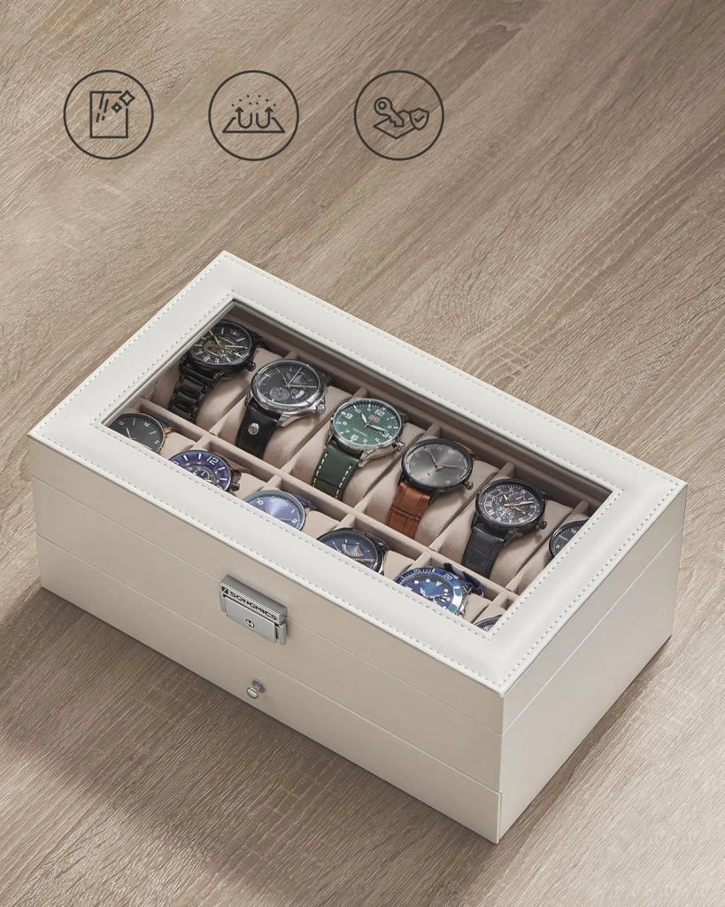 Porta Orologi a 12 Posti, Scatola Portaorologi a 2 Livelli, Coperchio in Vetro, Chiusura, Cassetto, Idea Regalo, Superficie in PU Bianca Nuvola, Interno Beige Cappuccino JWB012W01