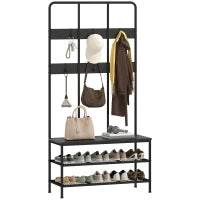 Appendiabiti da Ingresso 3 in 1 con 6 Ganci e Panca con Scarpiera, 91x36x180 cm, Nero