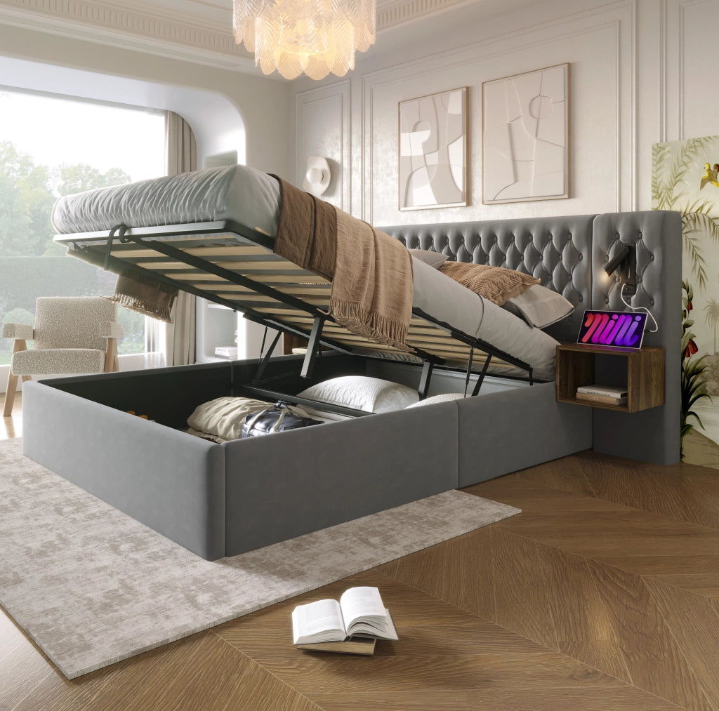 Letto matrimoniale 160 x 200 cm con contenitore idraulico, comodini e materasso