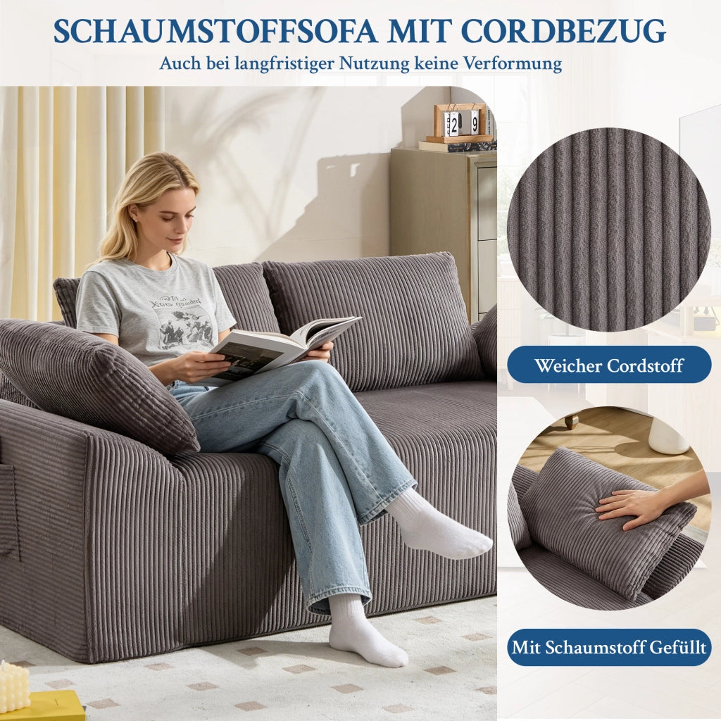 Canapé basso senza struttura con tasche laterali e schiuma memory per salotto e camera da letto in tessuto marrone grigio
