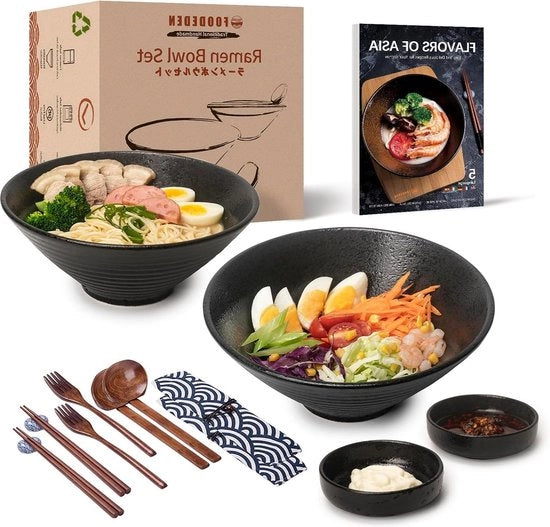 Set di Piatti di Ramen - 2×1800ml 14 pezzi Piatti per Noodles Zuppa Insalata Pho Udon Pasta e Frutta da Mescolare - Stile Giapponese Manufatti a mano (con Cucchiai e Forchette)