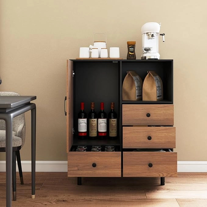 Credenza a Buffet, Armadietto da Cucina con 4 Cassetti, Scomparto Aperto e Gambe in Metallo, per Sala da Pranzo, Soggiorno, Ingresso, 80 x 45,5 x 97,5 cm (Nero)