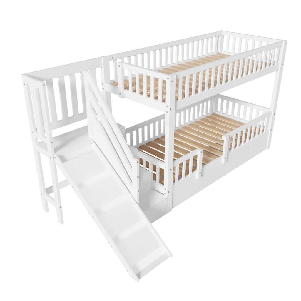 OKWISH Letto a Castello 90×200 cm, Letto Singolo con Scivolo, Scala e 2 Cassetti, senza Materasso, in Legno Massello, Bianco