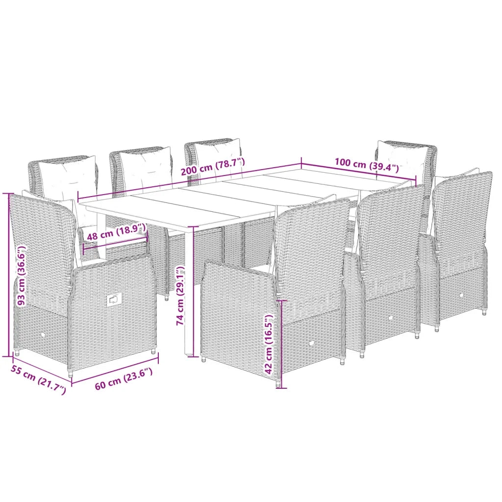 Set da Pranzo da Giardino 9 pz con Cuscini in Polyrattan Grigio 3262867