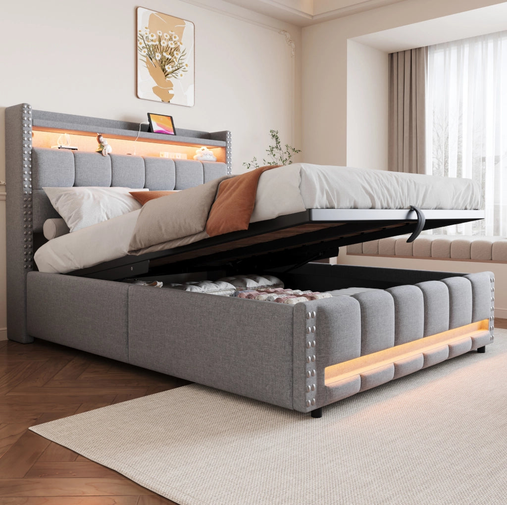Letto imbottito 140x200 cm con contenitore idraulico; LED; USB e ripiani; lino grigio chiaro