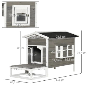 Casa per gatti in legno di abete con terrazza e balcone, grigio, 115 x 66,5 x 74,7 cm