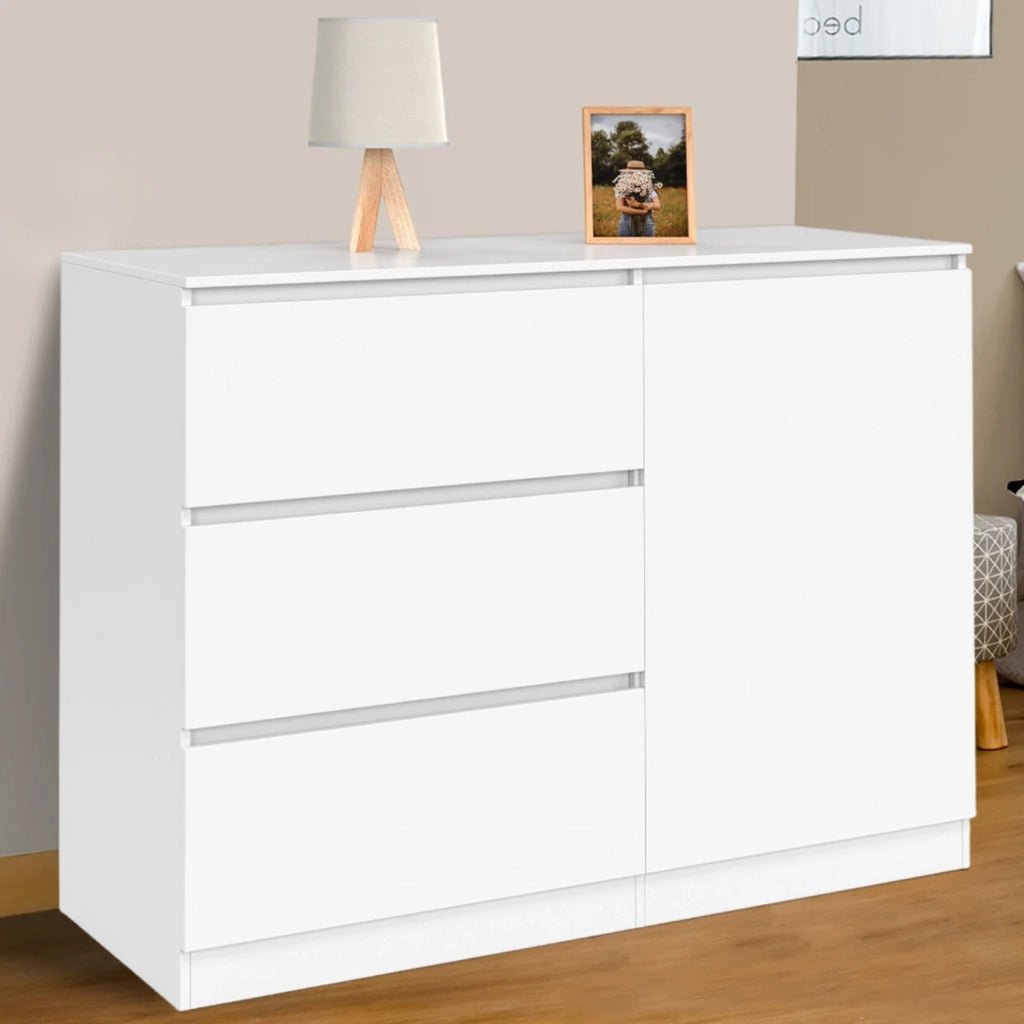 IDMarket - TOMI Cassettone a 3 cassetti + 1 anta 110 cm legno bianco