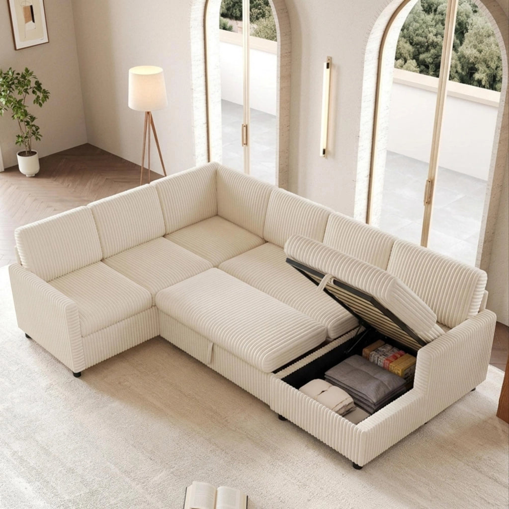 Divano a U con letto estraibile e vano contenitore in tessuto a coste beige 274 × 220 × 85 cm
