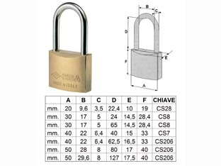 LUCCHETTO IN OTTONE ARCO LUNGO LUNGHISSIMO 22011  mm.40 (art.22011400)    CISA