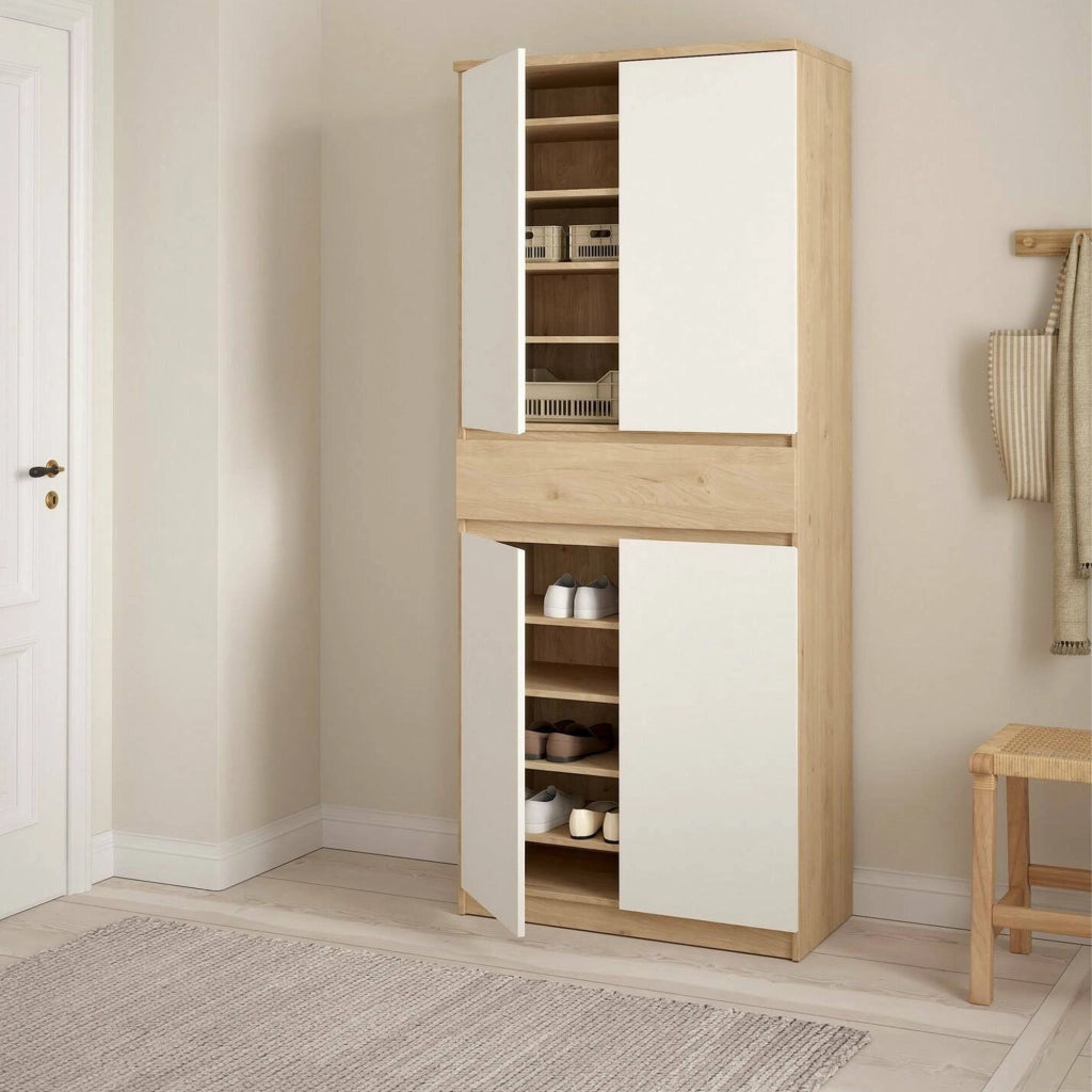 Scarpiera Jangmi, Mobile portascarpe, Armadio da ingresso multiuso, Mobiletto per calzature, 80x40 h192 cm, Rovere e Bianco