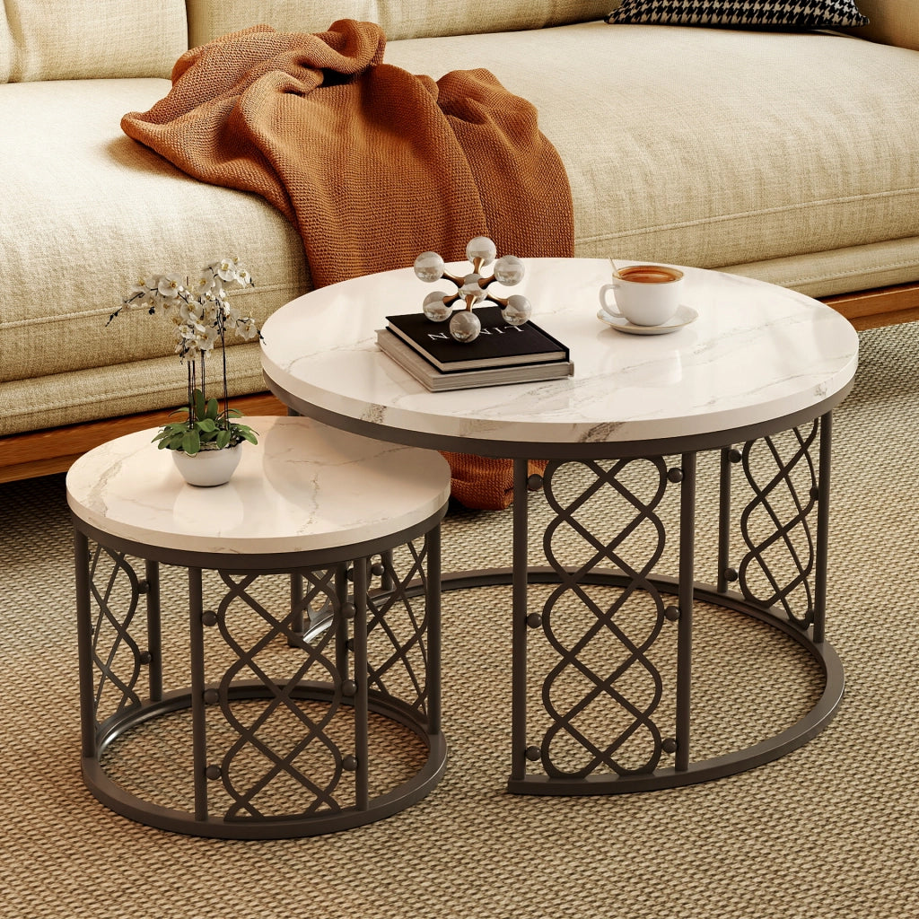 Set di 2 Tavolini da Salotto con Effetto Marmo, Struttura in Metallo, Design Nesting