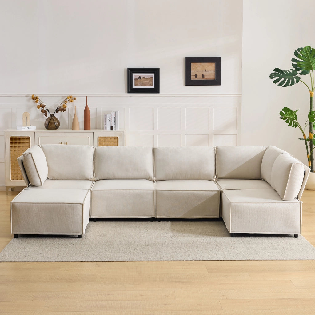 Divano angolare modulare - componibile con configurazione flessibile - in tessuto e legno - beige