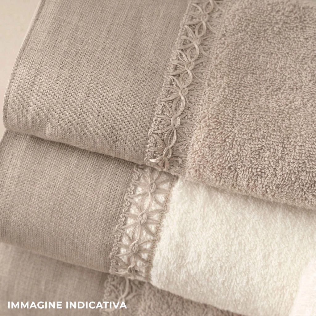 Set Spugna 4 Pezzi Asciugamani Viso + Ospite con Balza e Trina di Lino Garrini Bryanna Denim
