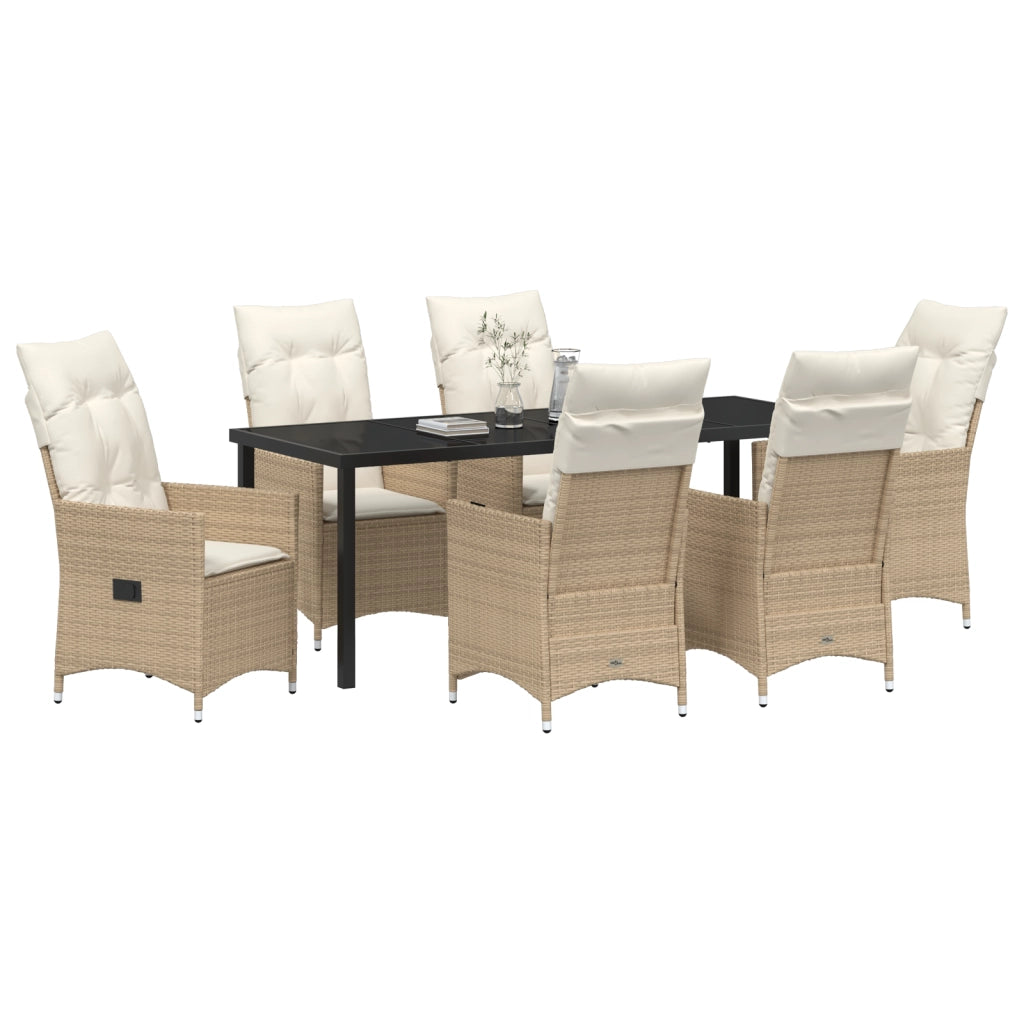 Set da Pranzo da Giardino in 7 Pezzi con Cuscini Beige Rattan in Poly