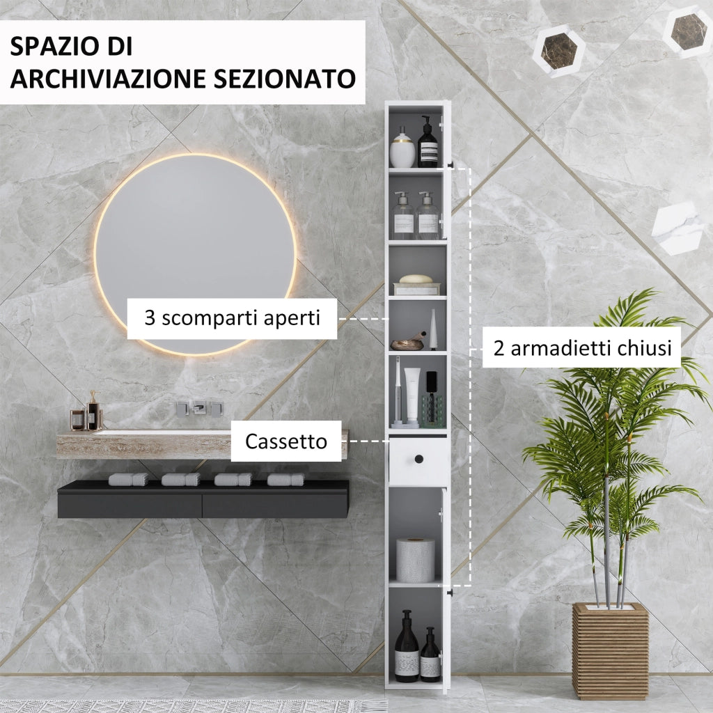 Colonna Bagno Salvaspazio 20x20x178 cm con Armadietti Ripiani Aperti e Cassetto in Legno Bianco