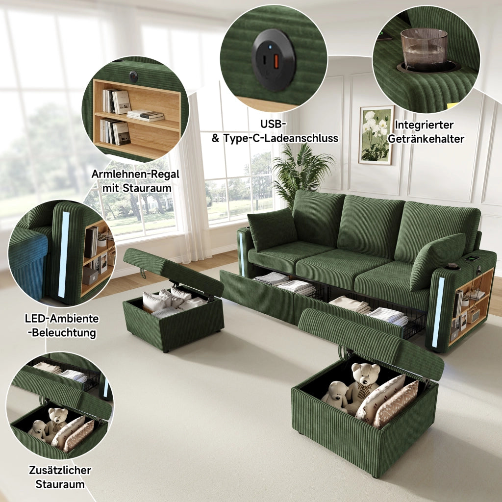 Divano modulare a u e l con 2 pouf contenitore, luci led, porte usb e type-c, verde 190 × 130 × 85 cm
