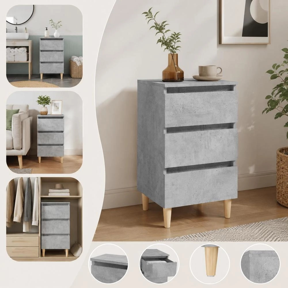 Nightstand With Solid Wood Legs, Concrete Grey, 40x35x69 Cm