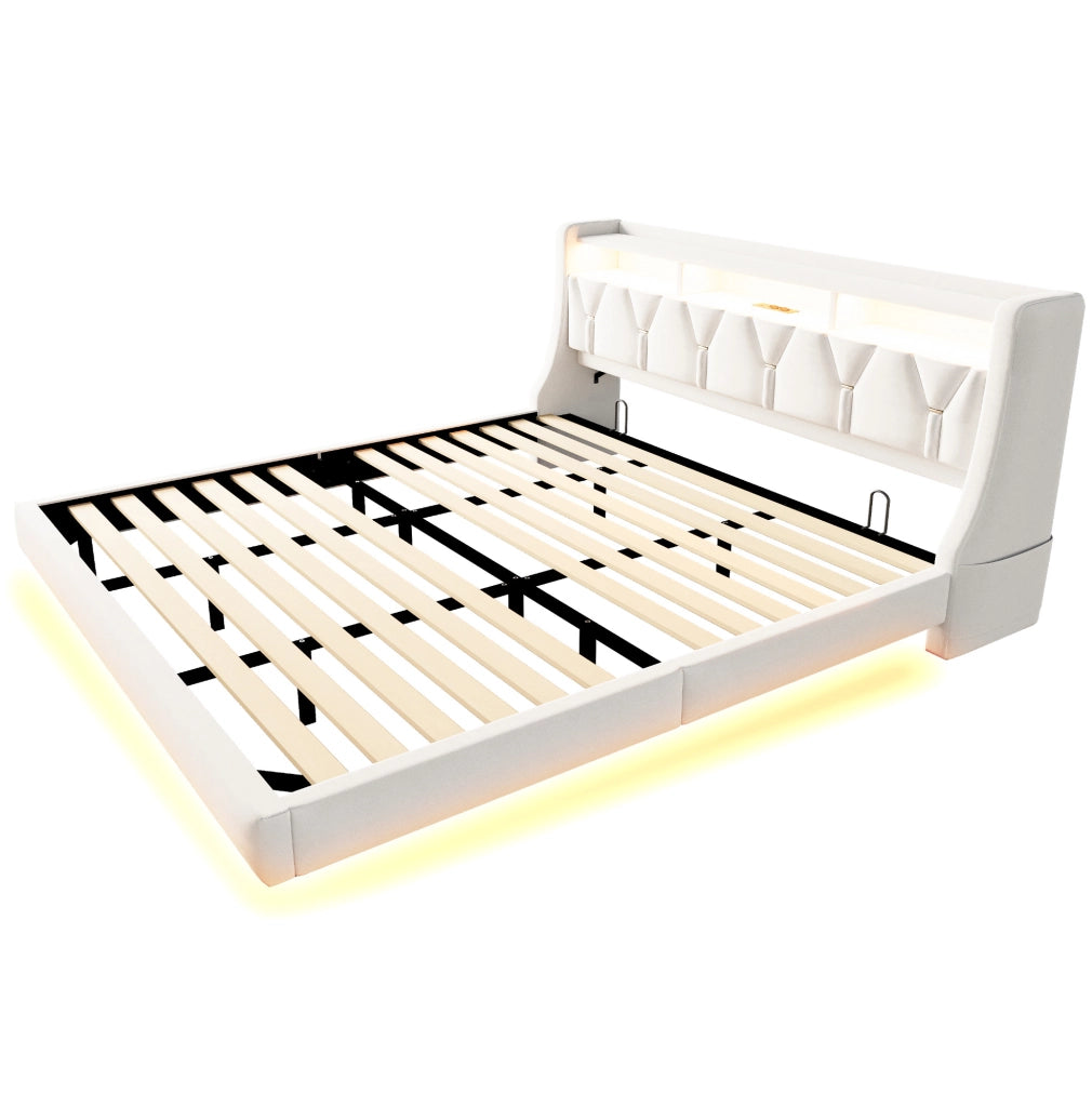 Letto imbottito ULEVR 180x200 cm beige con testiera contenitore, LED, prese USB e Type-C in velluto