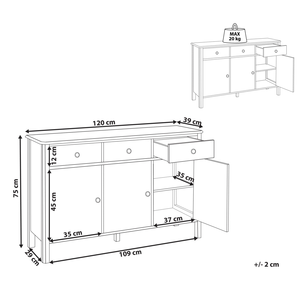 Credenza a tre ante MDF cassetti nero e pomelli oro madia comò moderno soggiorno corridoio camera da letto