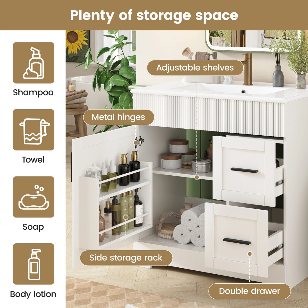 Mobile sottolavabo da bagno con lavabo in ceramica, 2 cassetti e ripiani regolabili, per bagno, bianco, 81,5 × 47 × 85,5 cm